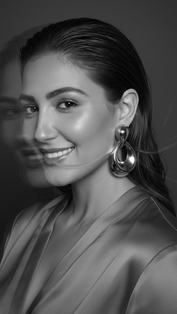Retrato de beleza a preto e branco, com brincos e maquilhagem em destaque